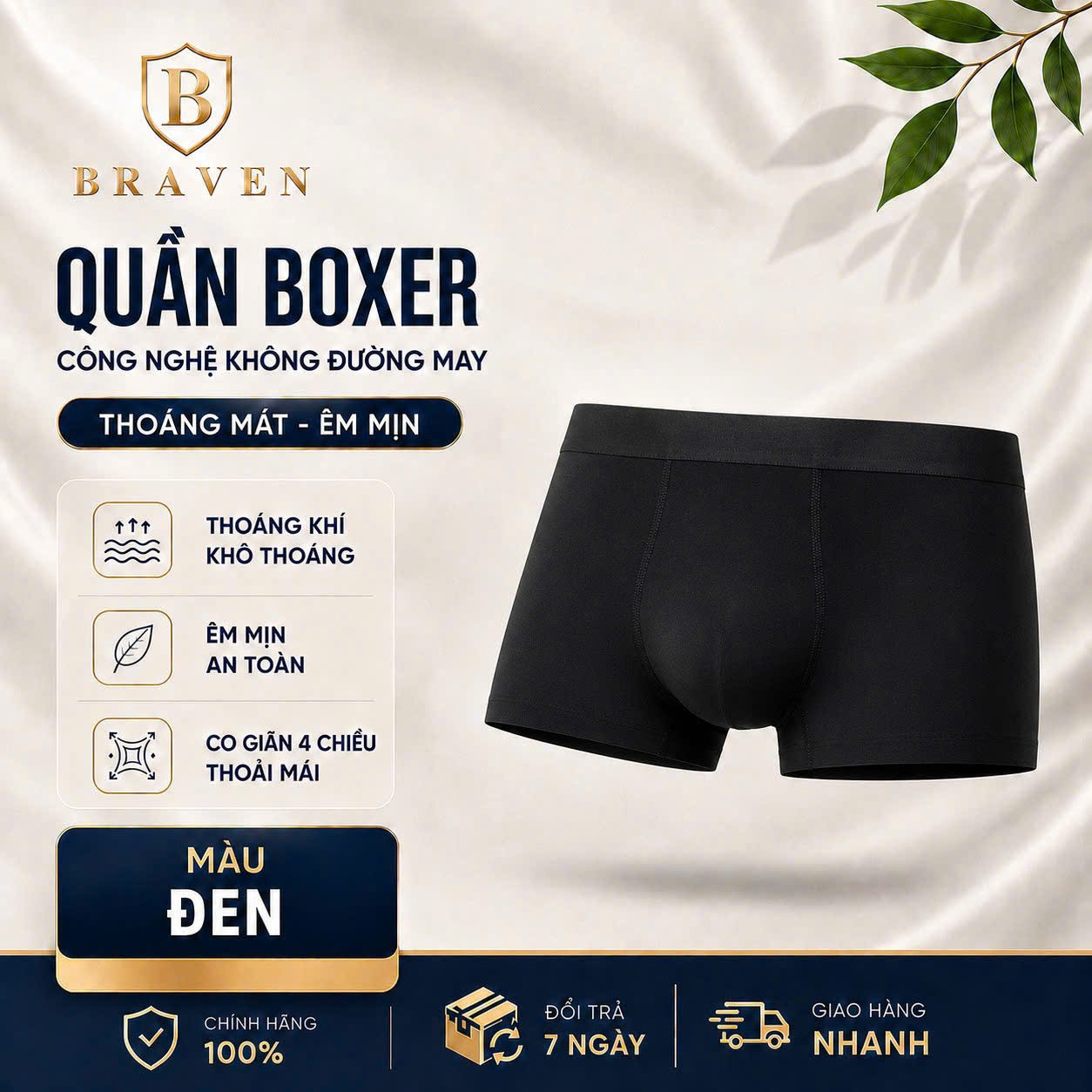 BRAVEN ICE SILK BOXER – Quần Lót Nam Lụa Băng Lạnh Cao Cấp, Co Giãn 4 Chiều, Mềm Mát Thoáng Khí